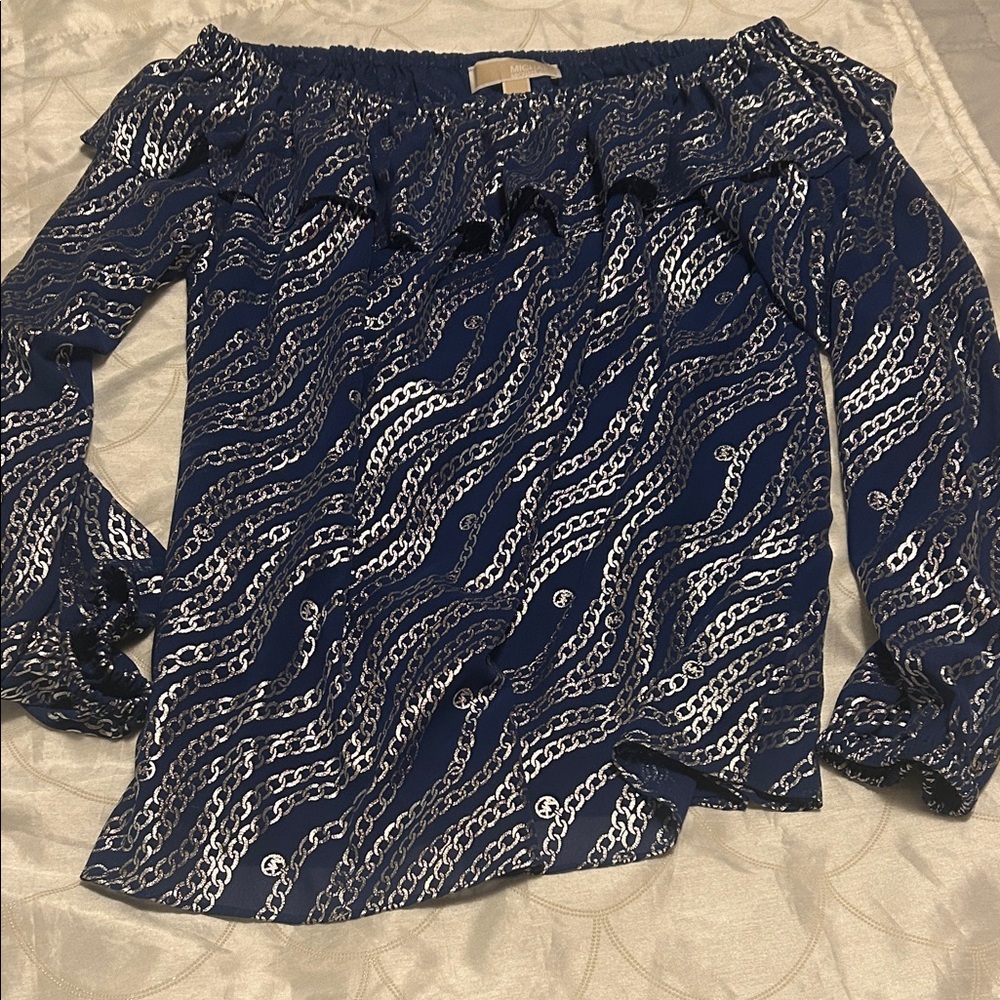 Michael Kors Navy and Silver Patterned Blouse